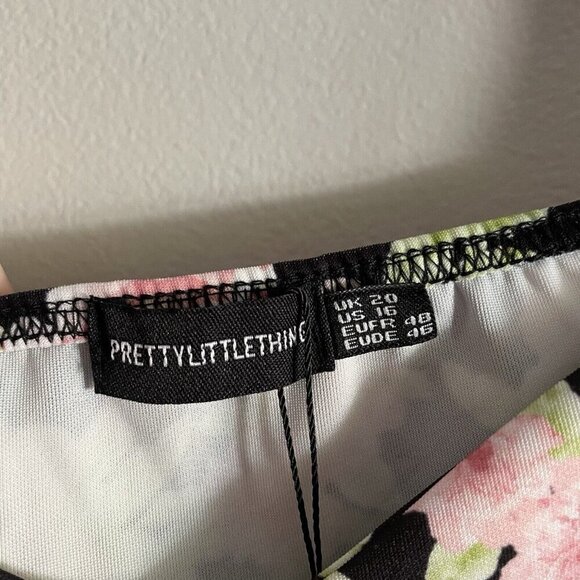 PrettyLittleThing Women Plus 16 Black Rose Print Puff Shoulder Bodycon Dress NWT - Picture 7 of 11